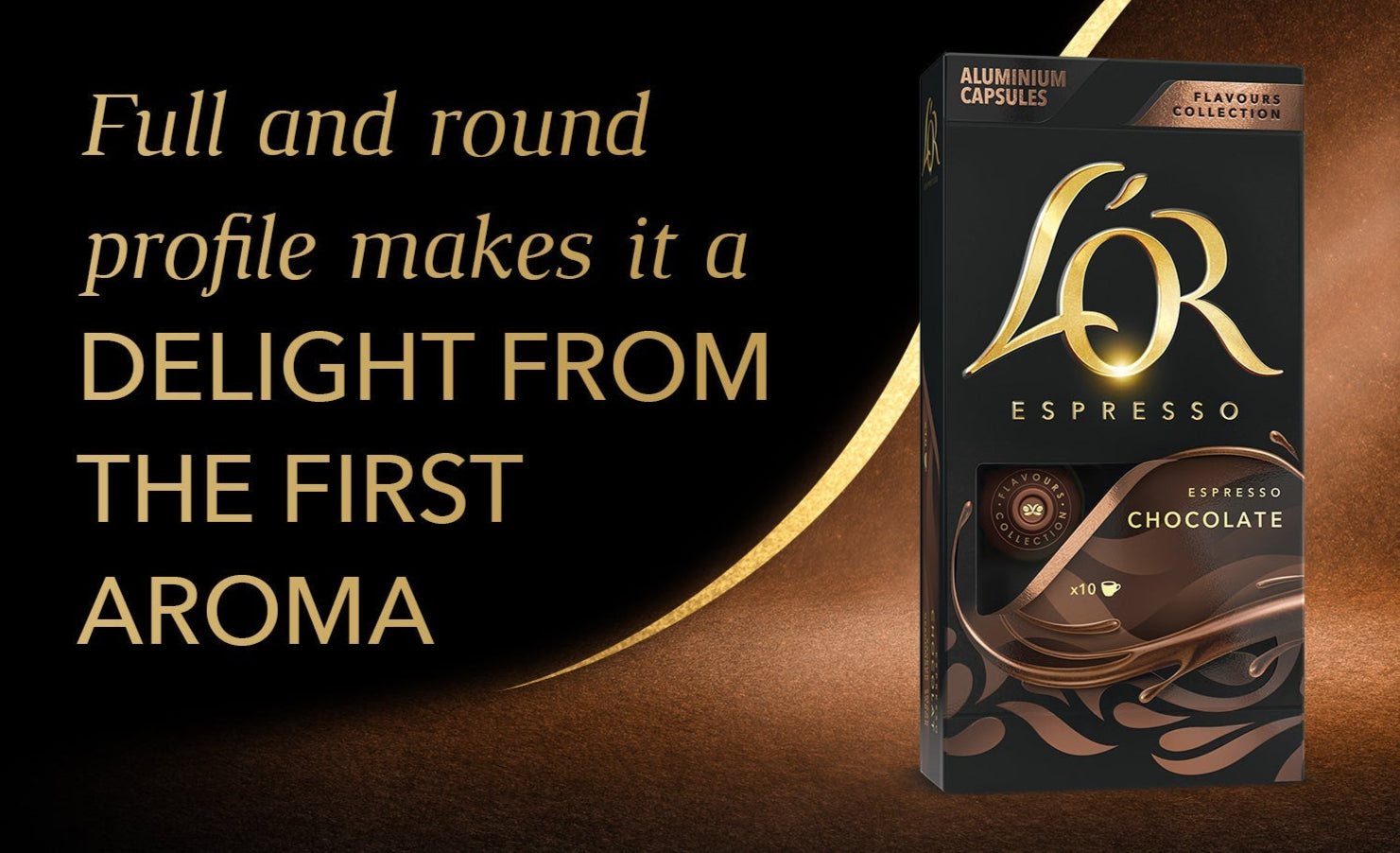 Lor Chocolate Espresso chocolate packaging with text on a dark background