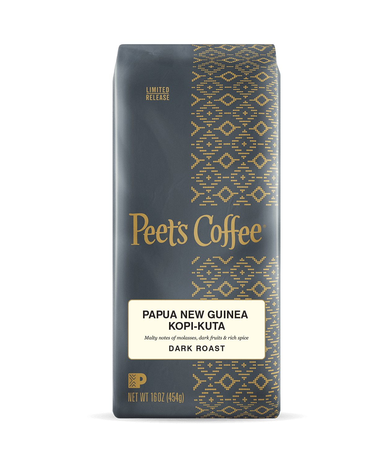 Peet's Coffee Papua New Guinea Kopi-Kuta coffee beans in a silver 16 oz bag