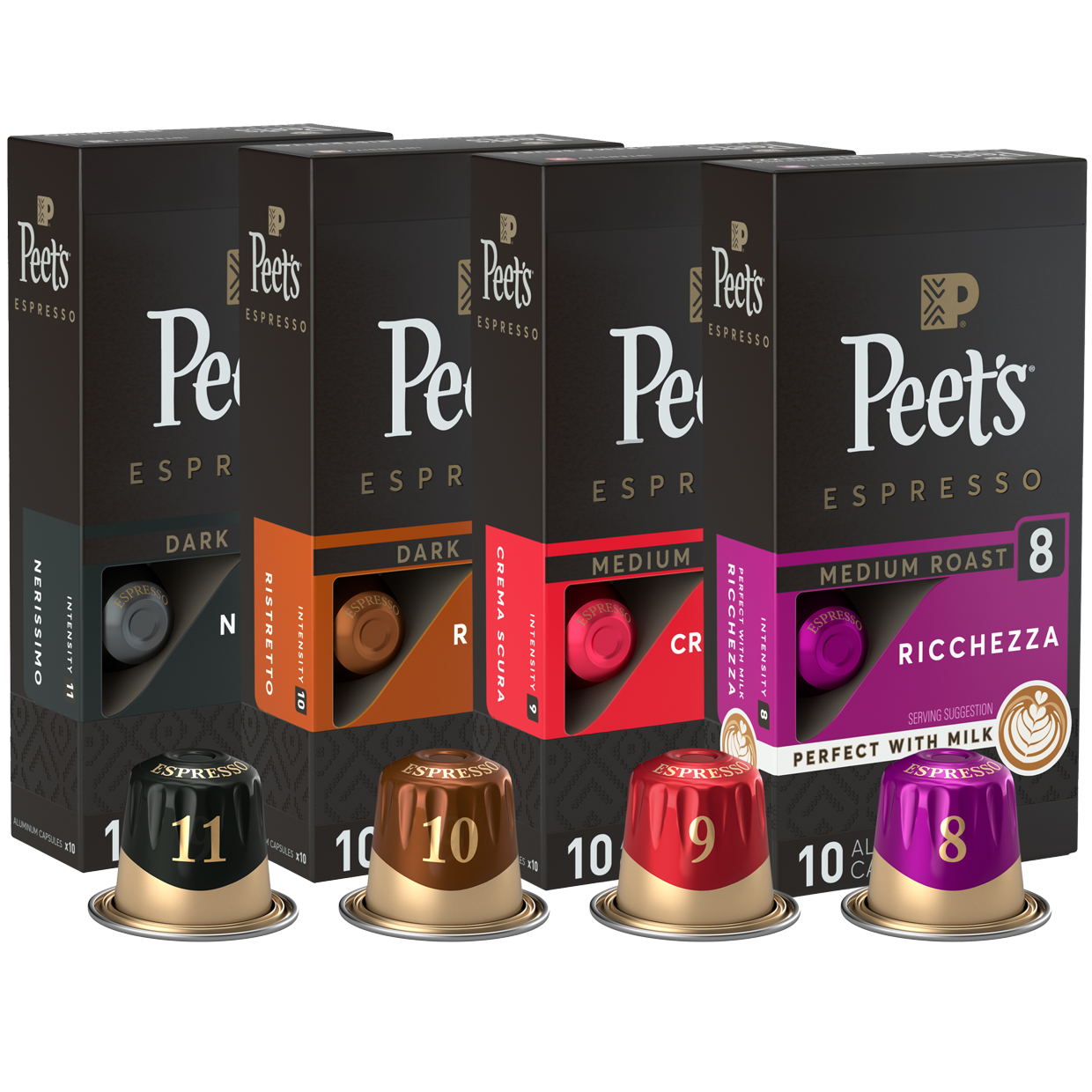 Peet's Coffee espresso capsules bundle. 4, 10 count boxes of capsules