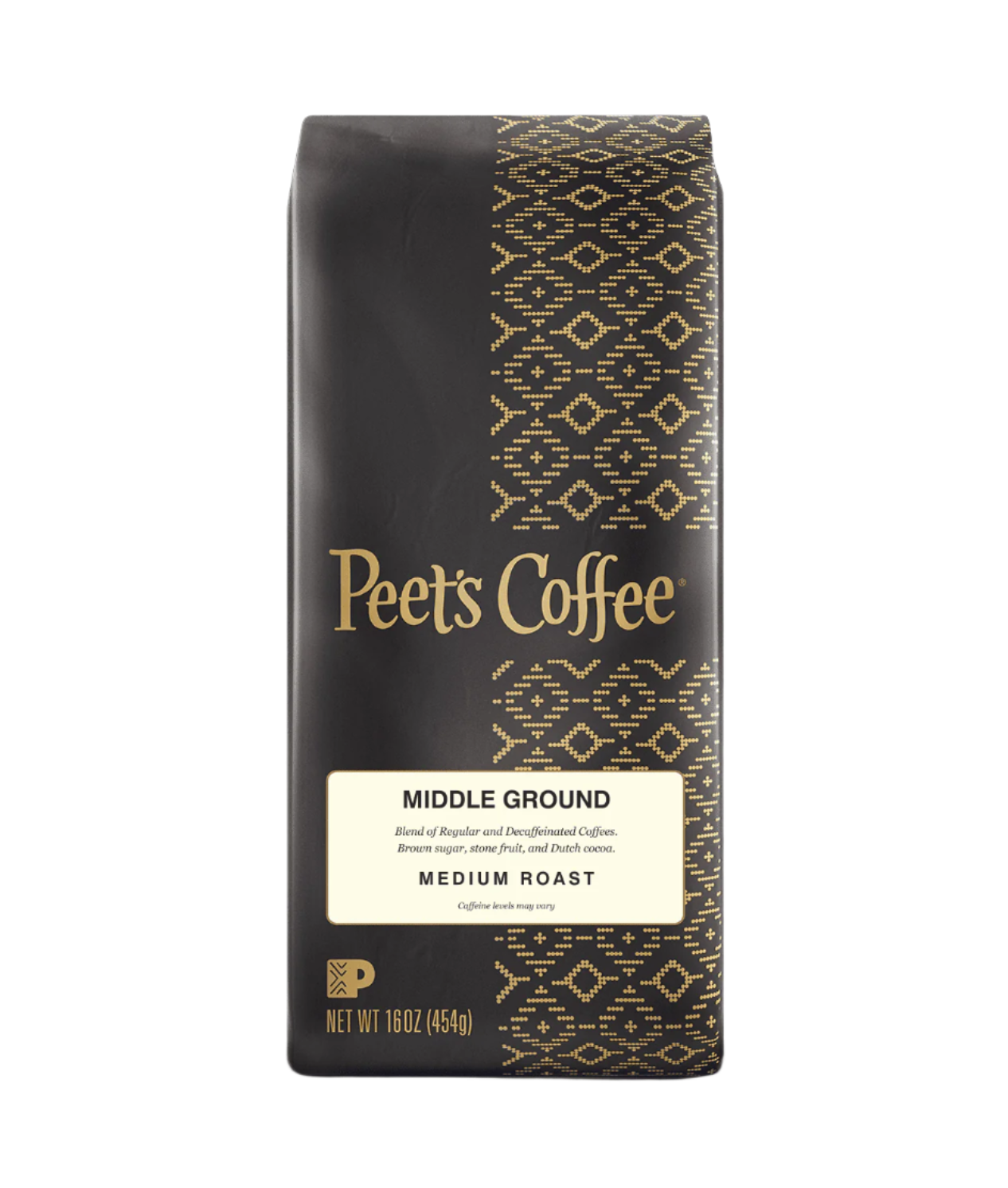 Peet's Coffee Middle Ground Medium roast coffee beans in a brown 16 oz bag. Blend of regular and decaffeinated coffees