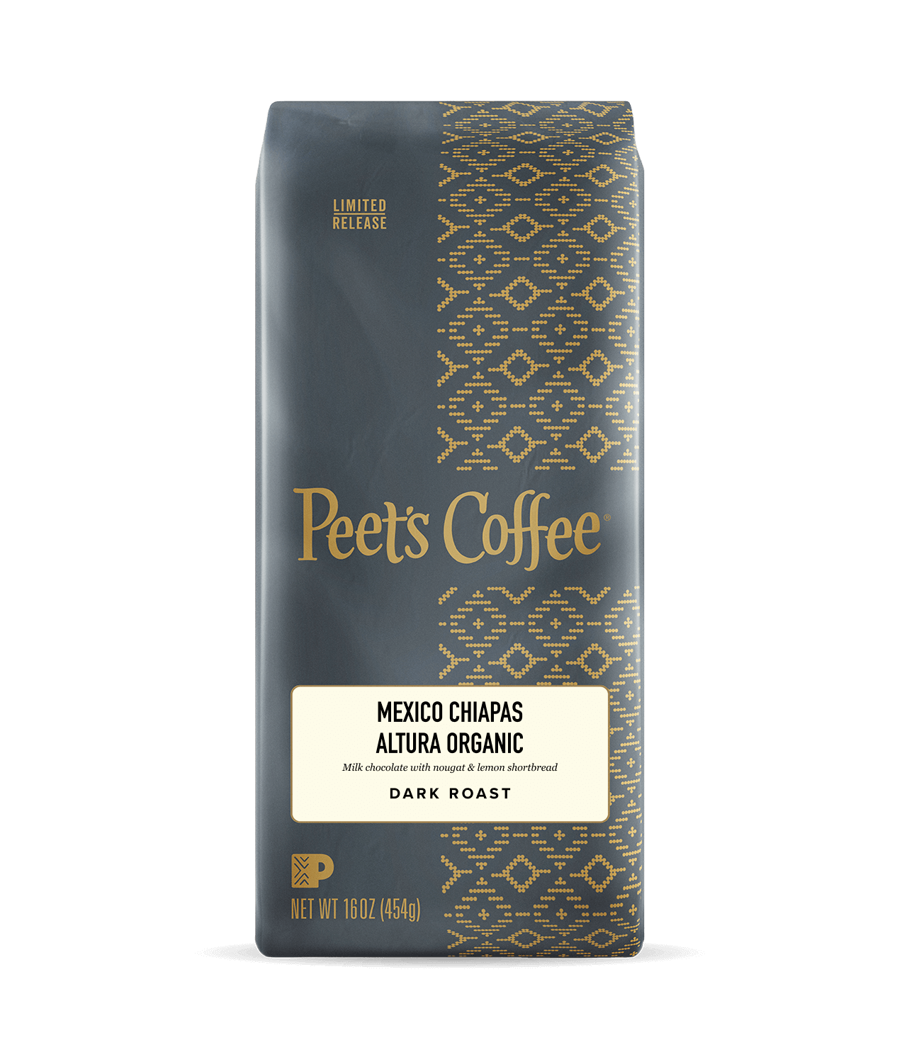 Peet's Coffee Mexico Chiapas Altura Organic  package with gold text and pattern on a dark background