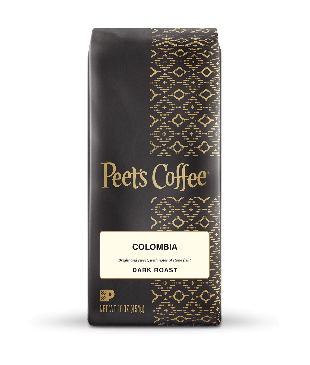 Peet's Coffee Colombia Dark Roast Coffee beans in a brown 16 ounce bag
