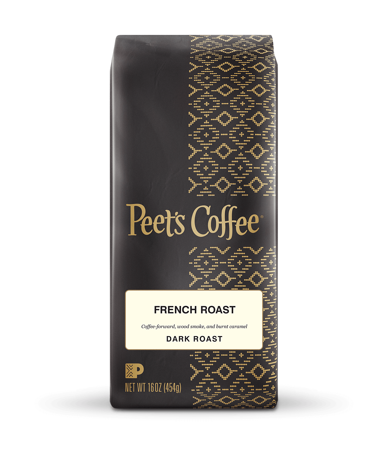 Peet's Coffee French Roast Coffee beans in a brown 16 ounce bag