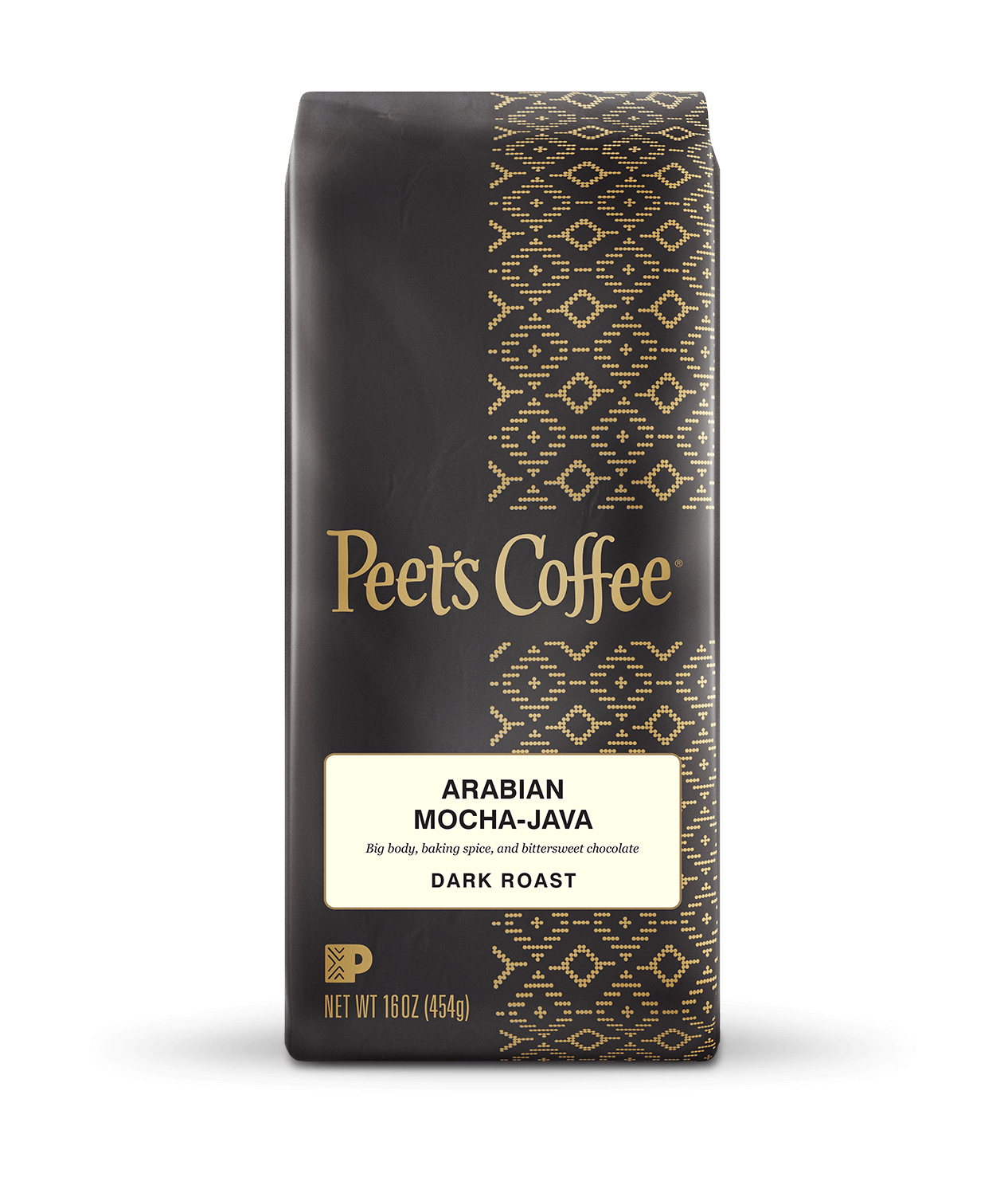 Peet's Coffee Arabian Mocha-Java Dark Roast Coffee beans in a brown 16 ounce bag