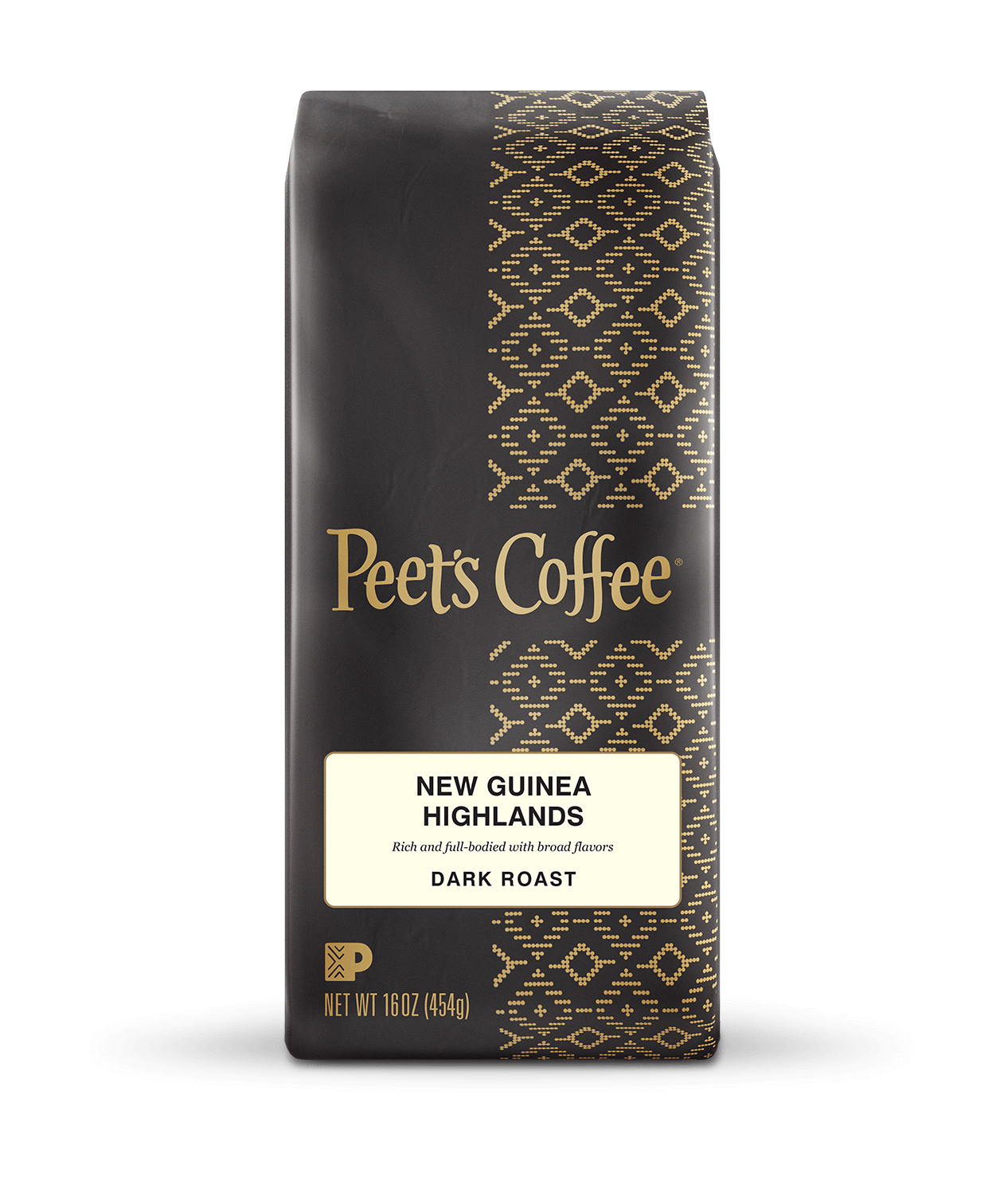 Peet's Coffee New Guinea Highlands Roast Coffee beans in a brown 16 ounce bag