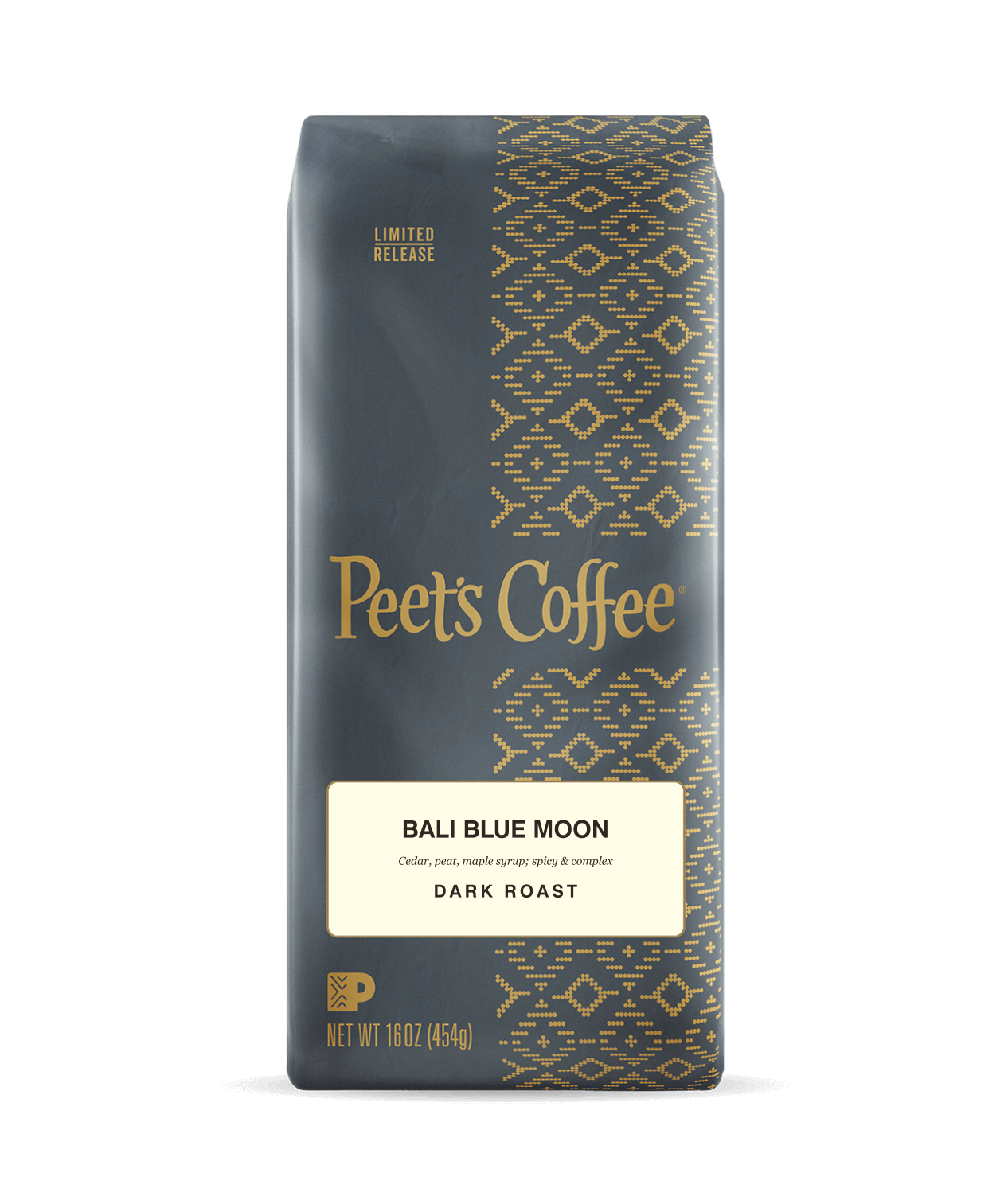Peet's Coffee Bali Blue Moon Coffee beans in a 16 oz blue bag