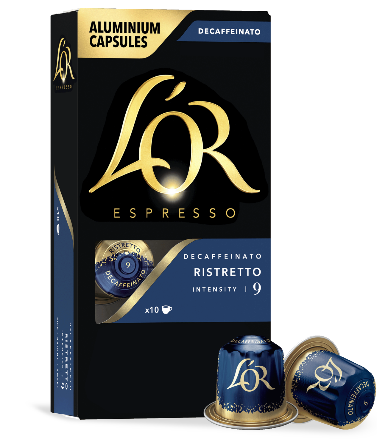 Lor Espresso decaffeinated capsules packaging with capsules on a white background