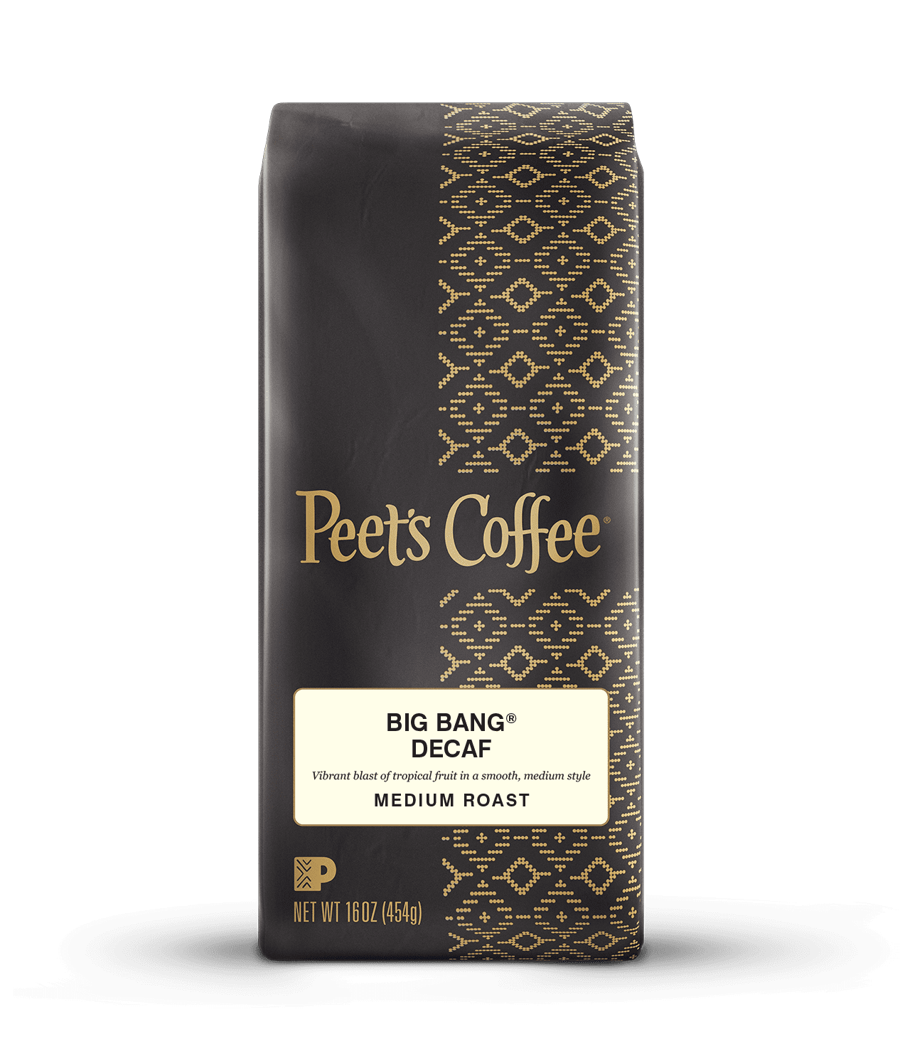 Peet's Coffee Big Bang Decaf coffee beans in a 16 oz brown bag