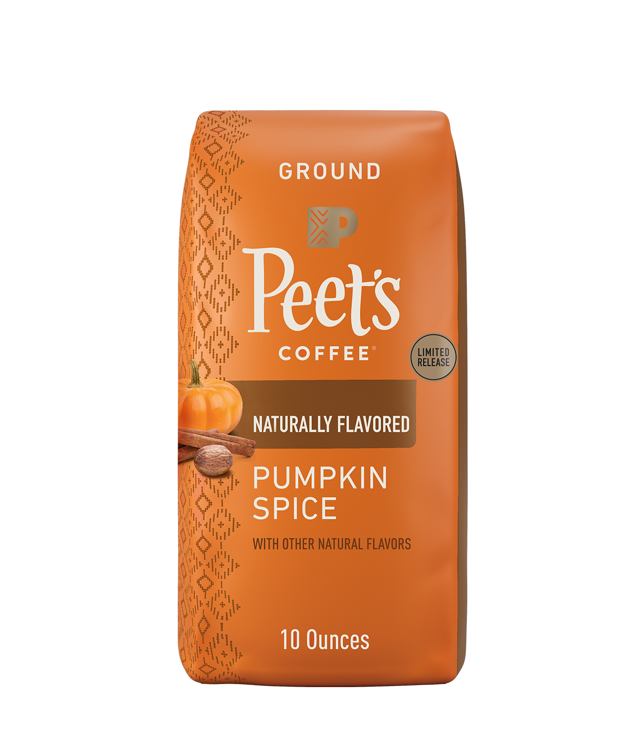 Pumpkin Spice Ground Drip Flavored Coffee - Front of bag with illustrations