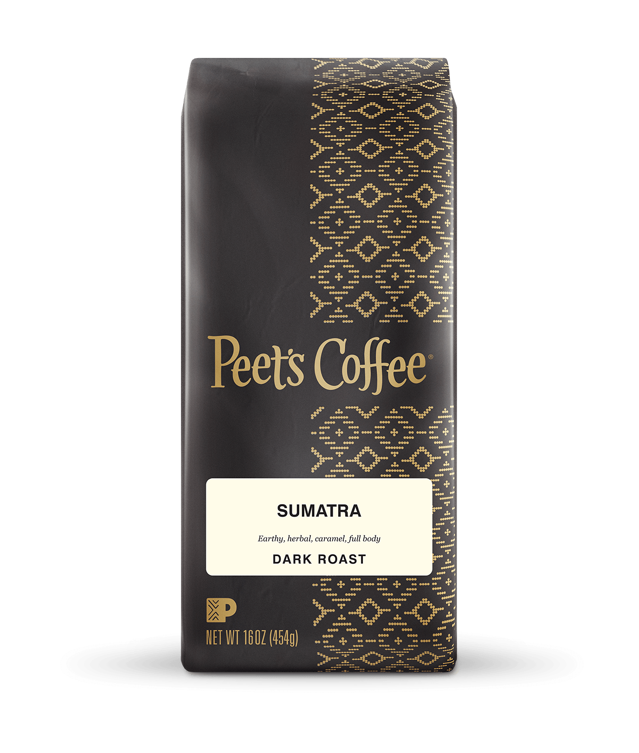 Peet's Coffee Sumatra Dark Roast Coffee beans in a brown 16 ounce bag